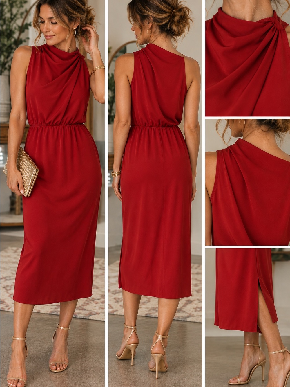 Sleeveless Red Midi Dress with Draped Neckline